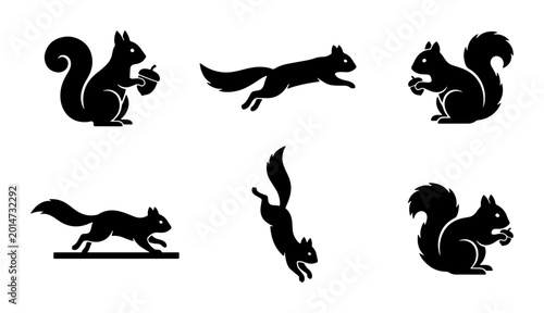 Tableau sur toile Six Silhouette Squirrel Vector Icons, Wildlife Rodent Poses, Autumn Nut Gatherin