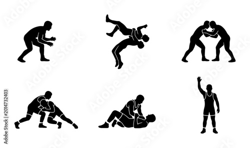 Photos Wrestling Silhouettes Set, Grappling Action Poses, Combat Sport Icons, Athletic