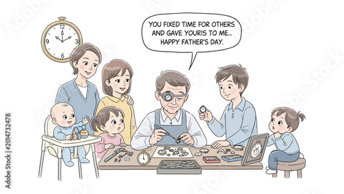 Canvastavla Family Time on Father's Day: A touching Father's Day scene features a skilled watchmaker surrounded by his adoring family, mending timepieces while they celebrate the gift of time together
