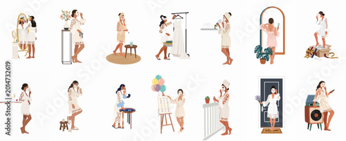 Fotografie Collection of flat vector illustrations of women in white robes preparing for a wedding day with skincare, beauty routines, and bridal accessories