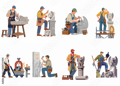 Quadro em tela Set of eight illustrations depicting male stonemasons and sculptors meticulously carving, detailing, and cleaning stone gargoyle statues using various traditional tools
