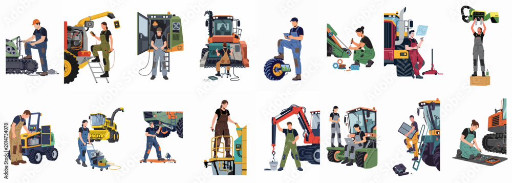 Fototapeta premium Set of professional mechanics and technicians repairing and maintaining heavy agricultural and industrial machinery like tractors, harvesters, and excavators in a flat vector style.