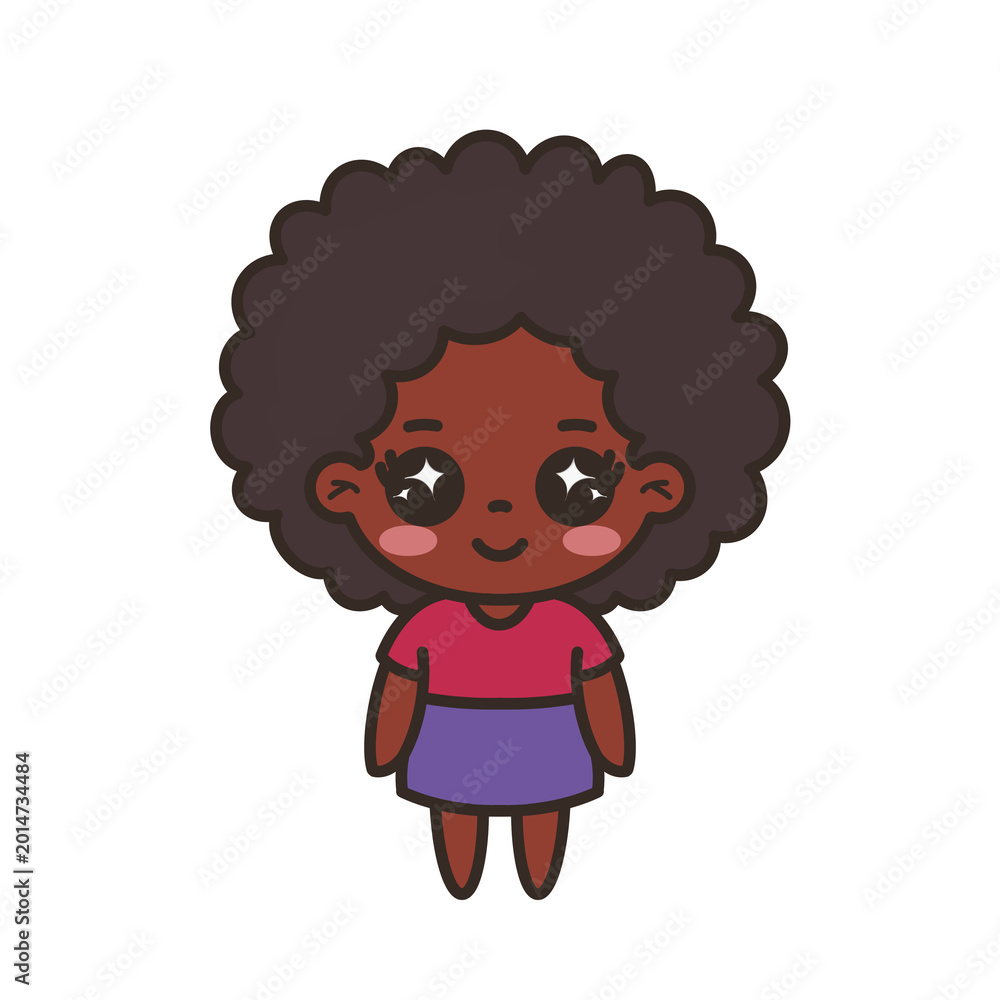 Fototapeta premium Chibi Black girl with sparkling eyes and big dark curly afro hair in pink top and purple skirt cute kawaii cartoon illustration