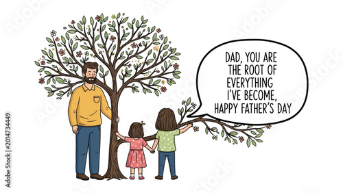 Tableau sur toile Father's Day Sentiment: A heartwarming scene unfolds as a father and his children are by a tree with words of love, celebrating Father's Day, and honoring a parent's pivotal role