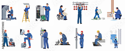 Collection of professional industrial workers and technicians performing various maintenance, repair, and engineering tasks in a flat illustration style.