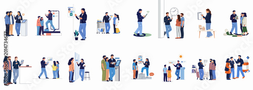 A comprehensive set of flat vector illustrations depicting modern healthcare scenarios, featuring medical professionals and patients interacting with digital technology in clinical settings.