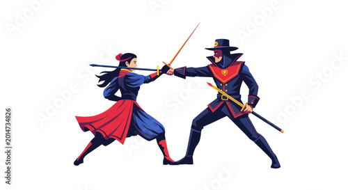 Cuadro en lienzo Epic sword fight between a skilled warrior woman and a masked duelist