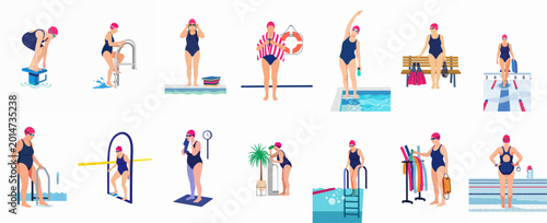 Set of flat vector illustrations depicting an active senior woman engaging in various swimming pool activities, exercises, and preparation routines.