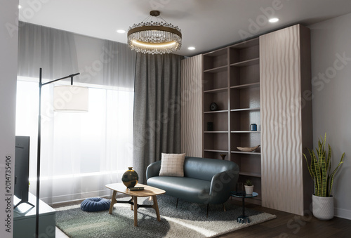 Photos Contemporary living room 3D render with crystal chandelier, built-in shelving an