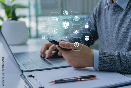 Man Using Smartphone for Secure International Payments and Digital Banking Safety