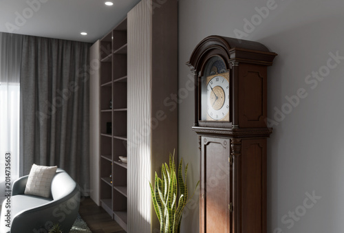 Tableau sur toile 3D render of antique grandfather clock in modern contemporary living room — ecle