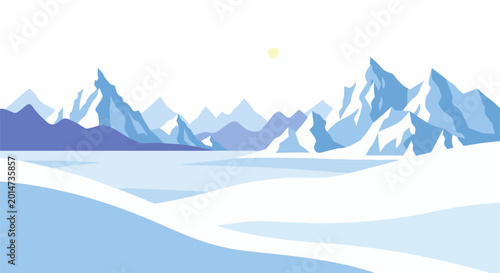 Minimalist arctic landscape with snow-covered plains and jagged mountains under a pale sun