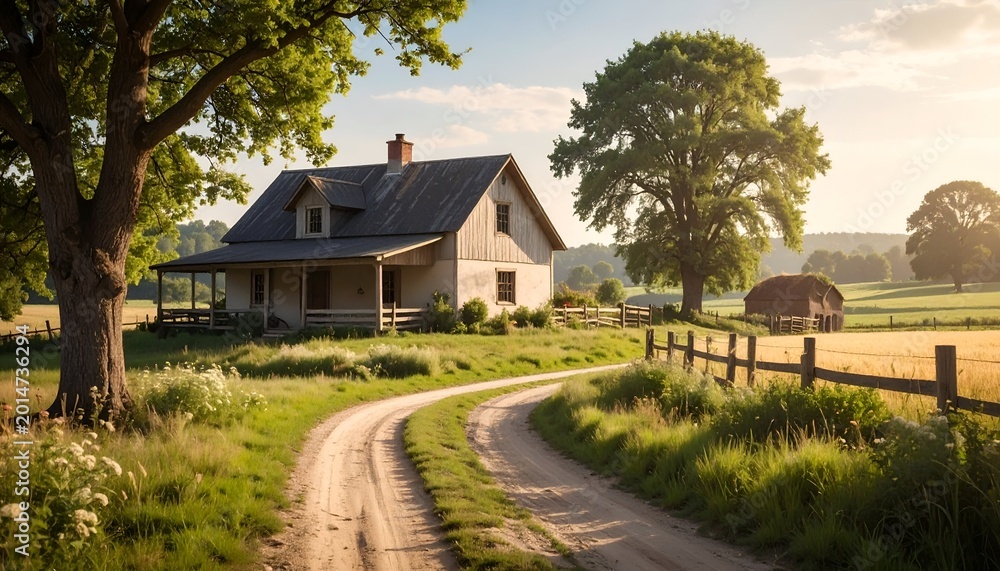 Fototapeta premium Sunlit country house with a dirt path, lush greenery, and trees under a clear sky