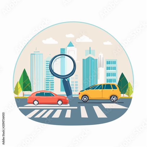 Magnifying glass over cars on city street with skyscrapers
