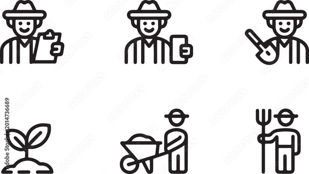 Fototapeta premium Set of simple black line icons depicting farmers working with agricultural tools and plants