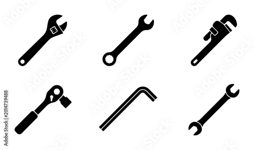 Photos Set of Six Black Silhouette Tools: Adjustable Wrench, Combination Wrench, Pipe Wrench, Ratchet Wrench, Allen Wrench, Open-End Wrench