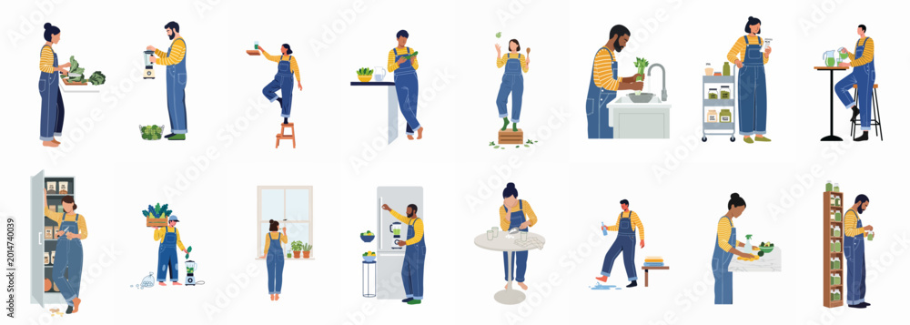 Fototapeta premium Collection of diverse characters in denim overalls and striped shirts performing various kitchen tasks like cooking, cleaning, and making healthy green smoothies.