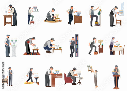 Foto Vector collection of men in vintage clothing performing various Hanukkah traditions, including lighting the menorah and prayer, in a flat illustration style