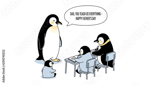 Tablou pe pânză Penguin Father's Day: A heartwarming illustrated scene featuring a penguin father imparting knowledge to his offspring