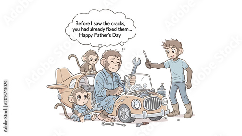 Canvas Print Happy Father's Day: A heartwarming illustrated scene depicting a family of monkeys working together to repair a car