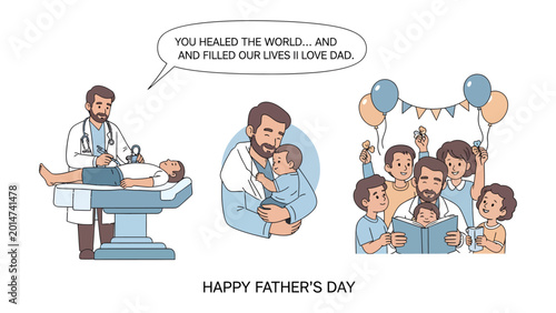 Konstfotografi Father's Day Dedication: A heartfelt illustration showcasing a father's influence in healing and nurturing a family, celebrating love and devotion