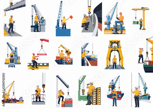 Tableau sur toile Flat vector illustration set of maritime port workers, crane operators, and longshoremen managing cargo containers and heavy machinery in a shipping terminal environment