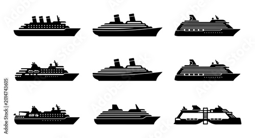 Photos Set of 9 Cruise Ship Icons, Vector Illustrations of Passenger Vessels, Maritime