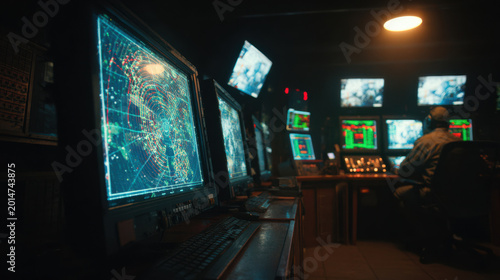 A Military Command Center is Active With Personnel Monitoring Various Screens