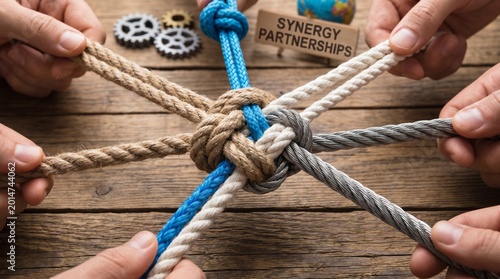 Team business support structure or unity and teamwork concept as a group of diverse ropes united together in strength and solidarity representing belonging or inclusion.