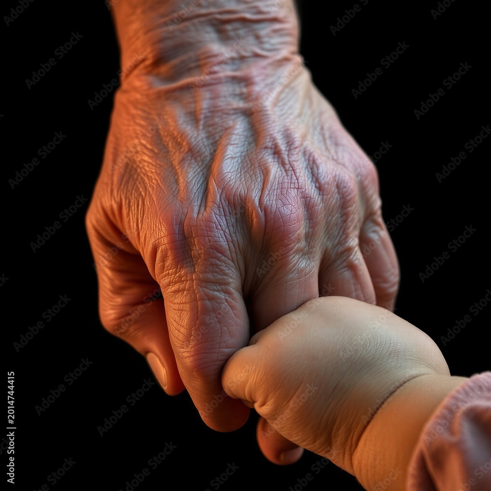 Fototapeta premium “Close-up emotional scene of an elderly wrinkled hand holding a small child’s hand,
