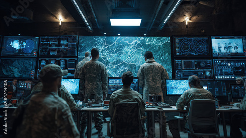 Military Personnel Conduct Surveillance Operations in Advanced Command Center
