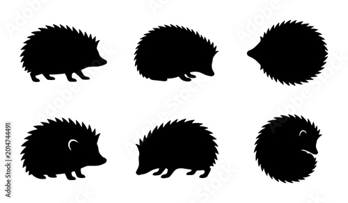Tableau sur toile Black Silhouette Hedgehog Icons, Cute Spiky Mammal Vector Graphics, Woodland Cre