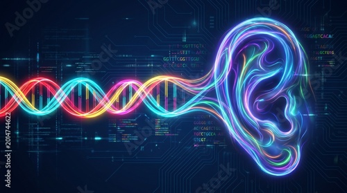 Genetic Hearing Loss as an ear with a DNA double helix symbol representing genetics and Auditory science or audiology as losing the ability to hear due to gene disorder.