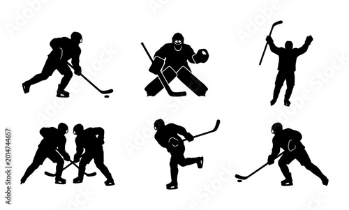 Photography Ice Hockey Player Silhouettes, Goalie and Action Poses, Sports Vector Icons Set