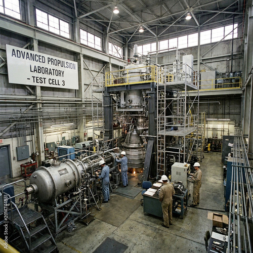 фотографія Engineers testing rocket engine in advanced propulsion lab