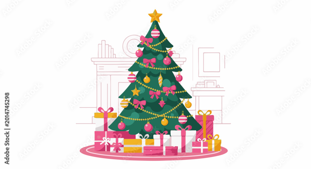 Fototapeta premium Decorated Christmas tree surrounded by colorful gift boxes in a festive setting