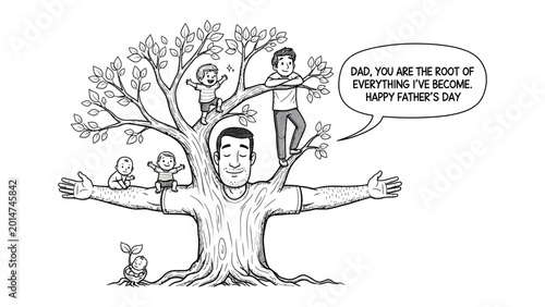 Cuadro en lienzo Father's Day Dedication: An illustration representing a father as the sturdy root and trunk of a tree, his outstretched arms providing shelter to his children