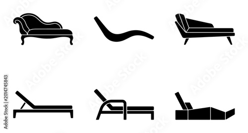 Konstfotografi Chaise Lounge Silhouettes, Set of 6 Vector Icons: Modern & Classic Furniture Des