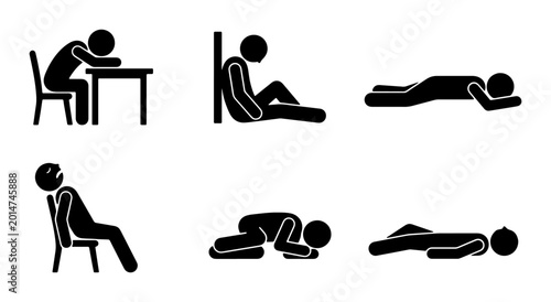 Принти на полотні Stick Figure Exhaustion Poses, Vector Set: Tired, Depressed, Overwhelmed, Burnou
