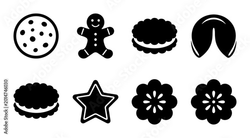 Foto Set of 8 Black and White Cookie Icons, Gingerbread Man, Fortune Cookie, Star, an