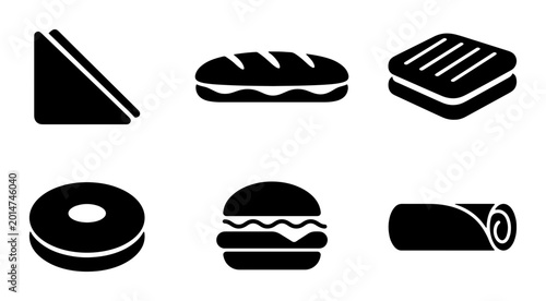 Photos Six Black Food Icons: Sandwich, Burger, Donut, Sub, Wrap, Toastie, Vector Graphi