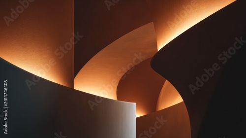 Abstract architectural detail showcasing curved walls with warm lighting and shadows.