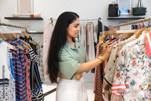 Fotografie Stylish Indian woman shopping in modern fashion boutique, browsing through varie