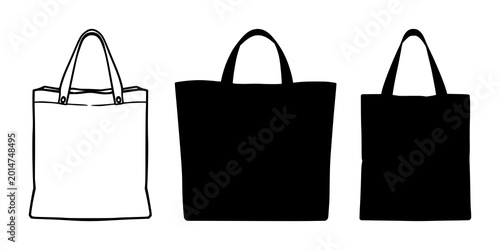 Tableau sur toile Reusable canvas grocery bag set with solid black icon on white background featuring reusable, eco-friendly, canvas design with hand and bag