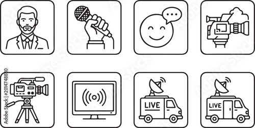 Tableau sur toile Set of broadcast media and news journalism icons in a simple black and white lin