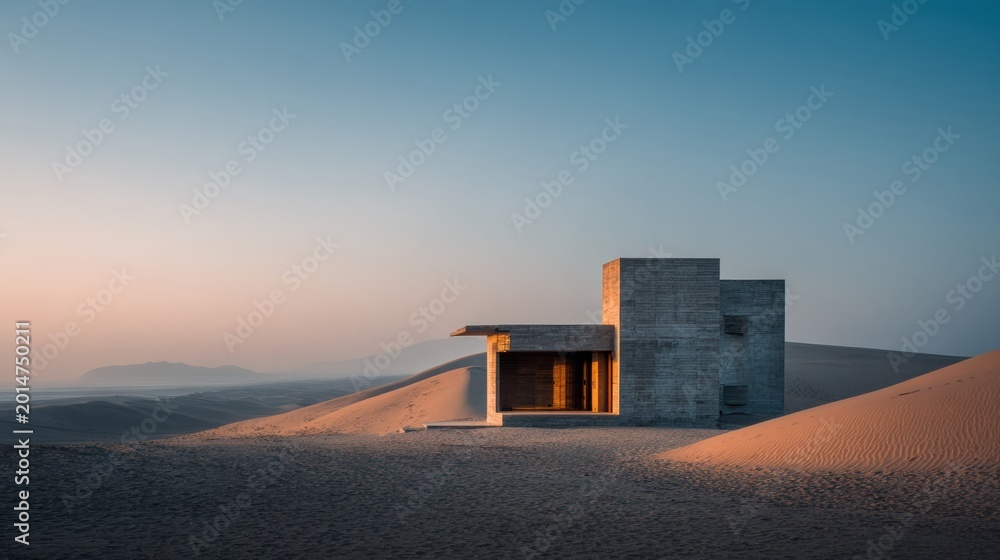 Fototapeta premium Modern concrete house stands isolated in vast desert sands under a clear sky at sunset.