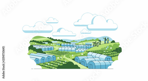Rural greenhouse farm with rolling hills, people observing crops under a cloudy sky