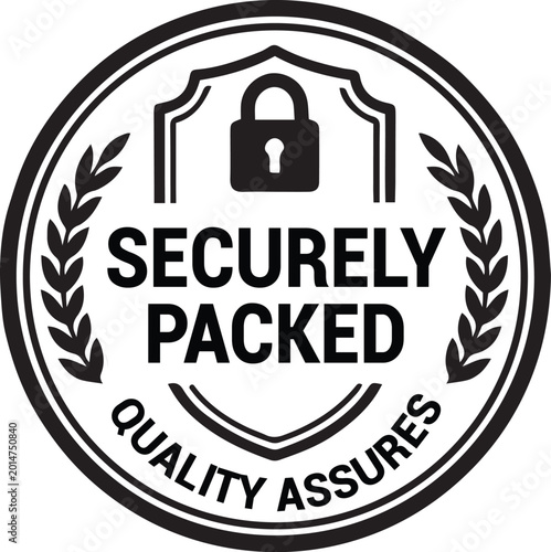 Photos Securely Packed Quality Assures Stamp: Minimalist Circular Vector Badge with Pad