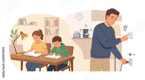 Family saving energy at home, children studying under desk lamp while father turns off light and unplugs appliances to combat rising utility costs and inflation
