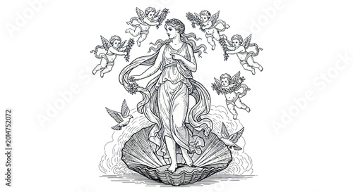 Bild auf Leinwand Venus Birth Mythology Illustration, Goddess on Seashell, Cherubs Flying, Vintage